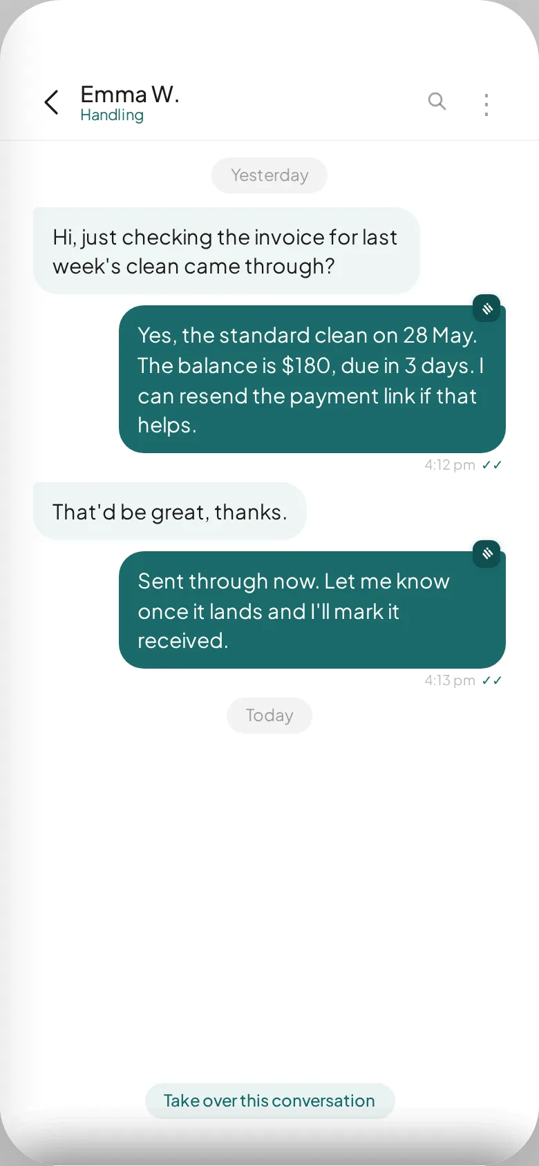 An invoice card in the customer conversation, ready to send when the job is done