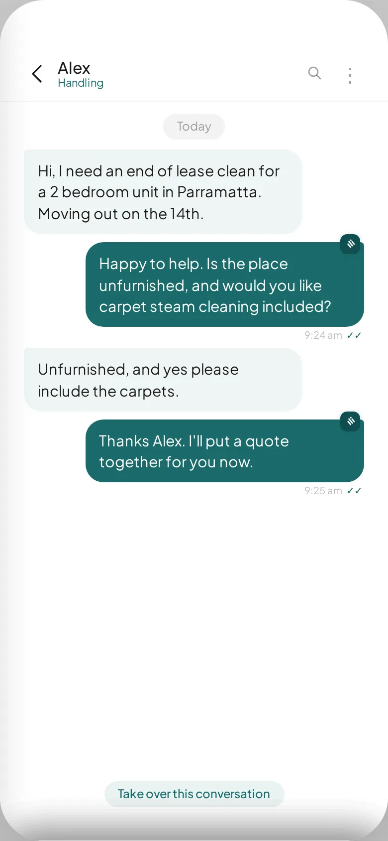 A customer conversation where Hivee answers an enquiry and asks about the home, bedrooms, and timing