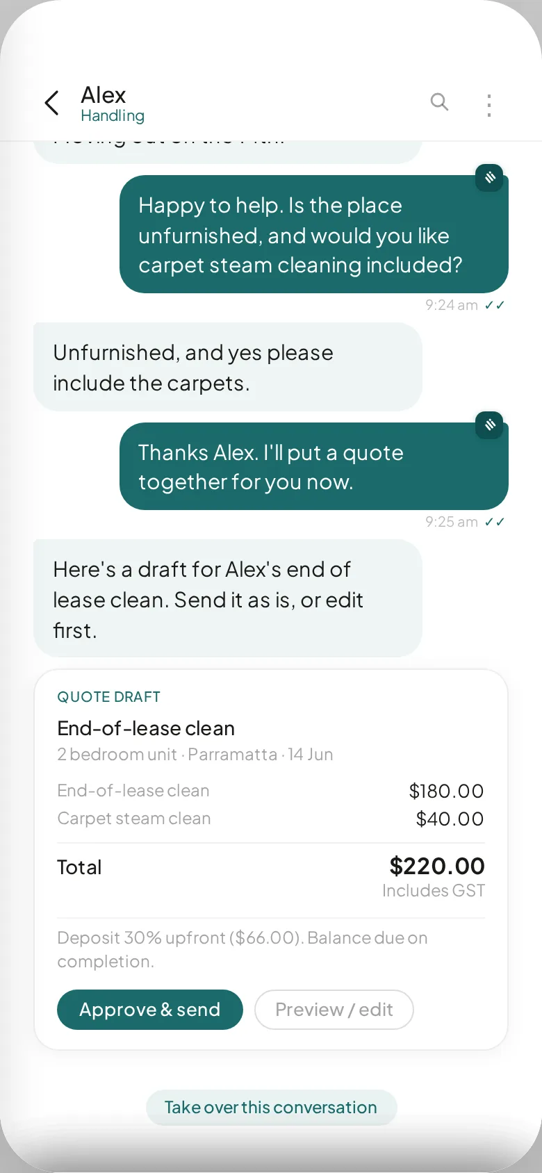 A drafted quote card waiting for approval, with price, deposit, and a Pay button ready once approved