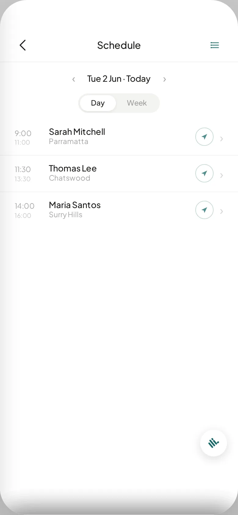 The schedule view showing a day of booked jobs with times and suburbs