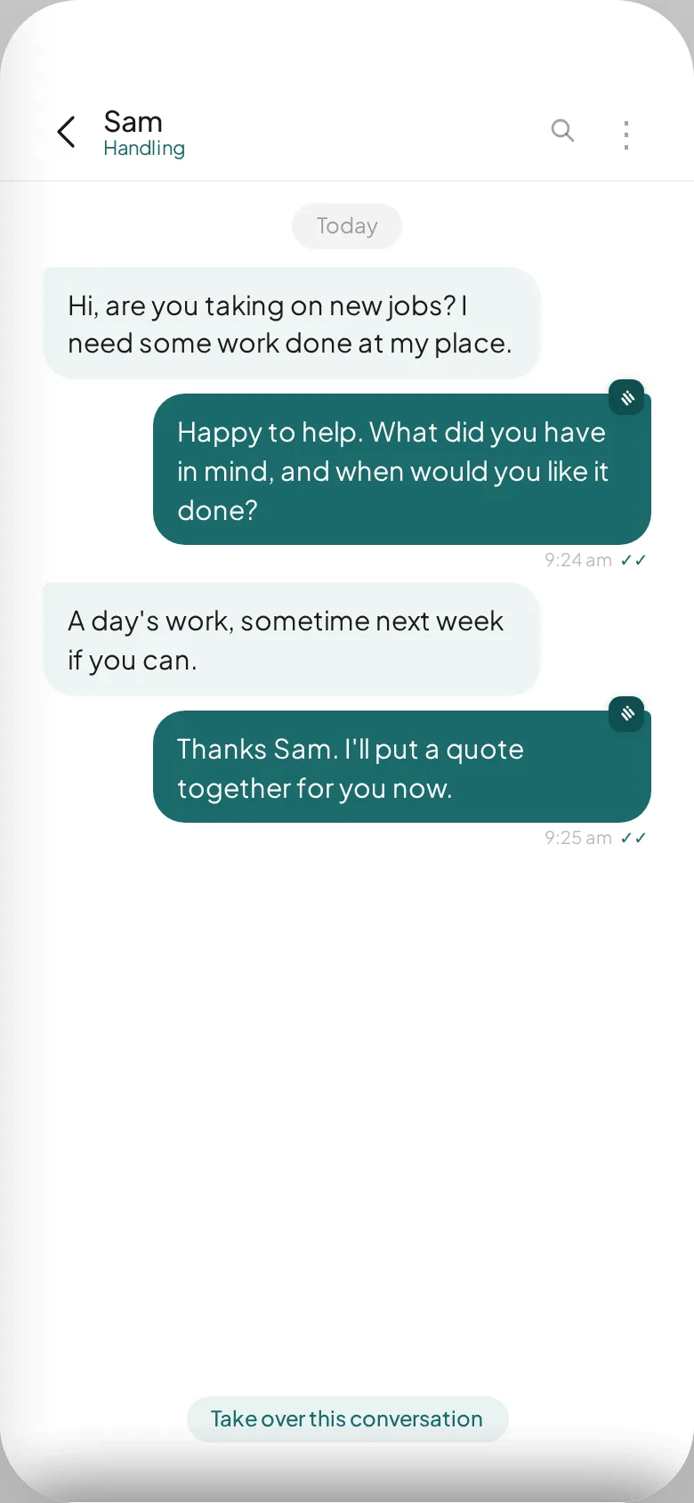 Hivee chat showing a customer's first message answered under the business name