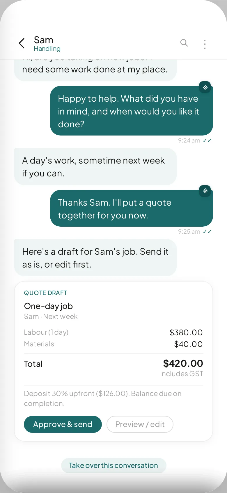 Hivee chat showing a drafted quote awaiting approval