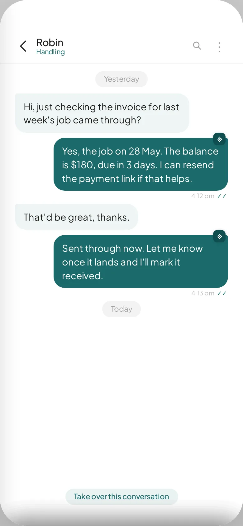 Hivee showing a completed job with the invoice ready to send