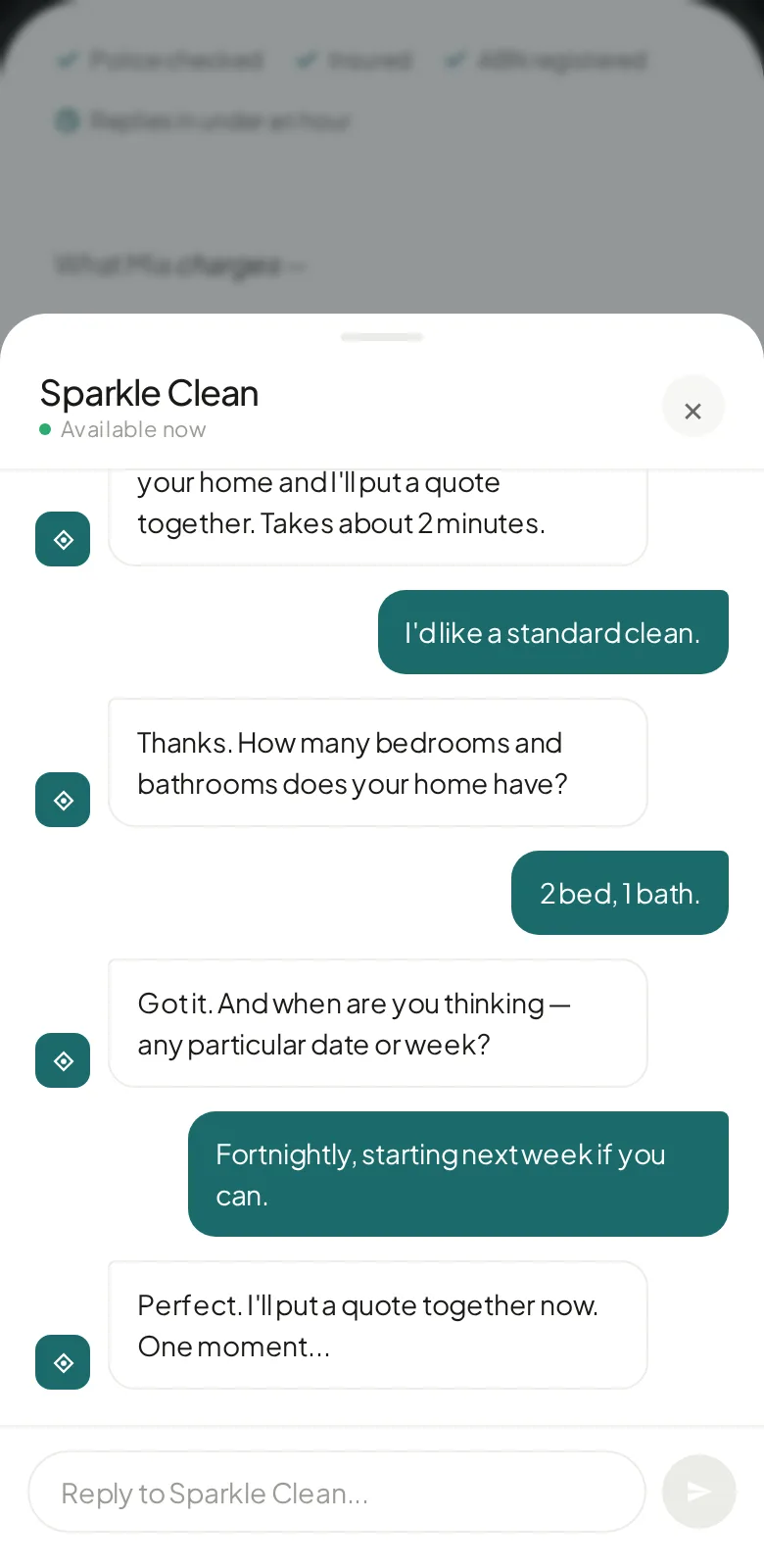 A business website with a Hivee chat conversation answering a customer enquiry