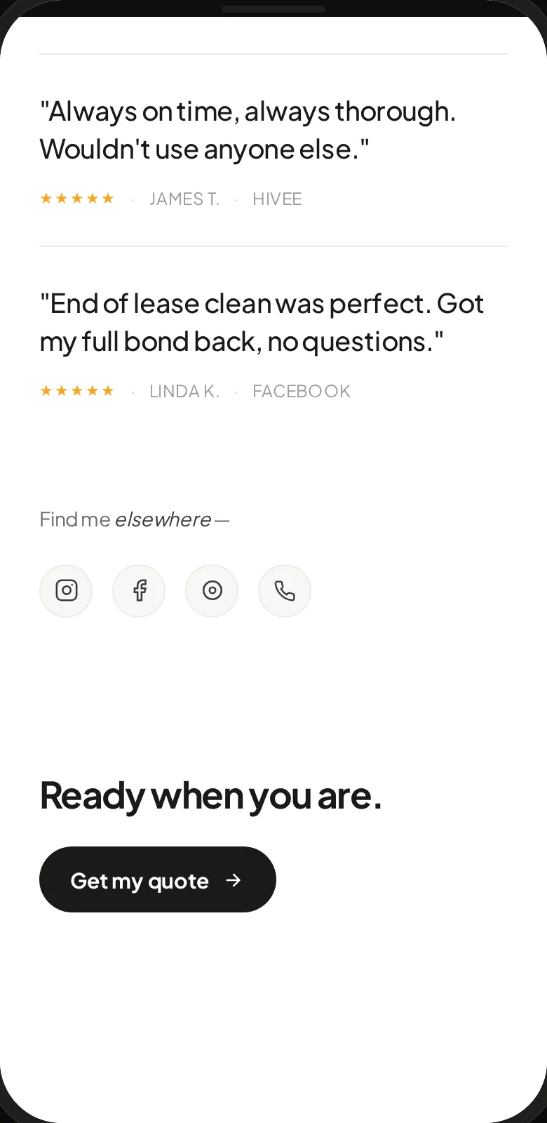 The end of the business page with a Ready when you are heading and a Get my quote button