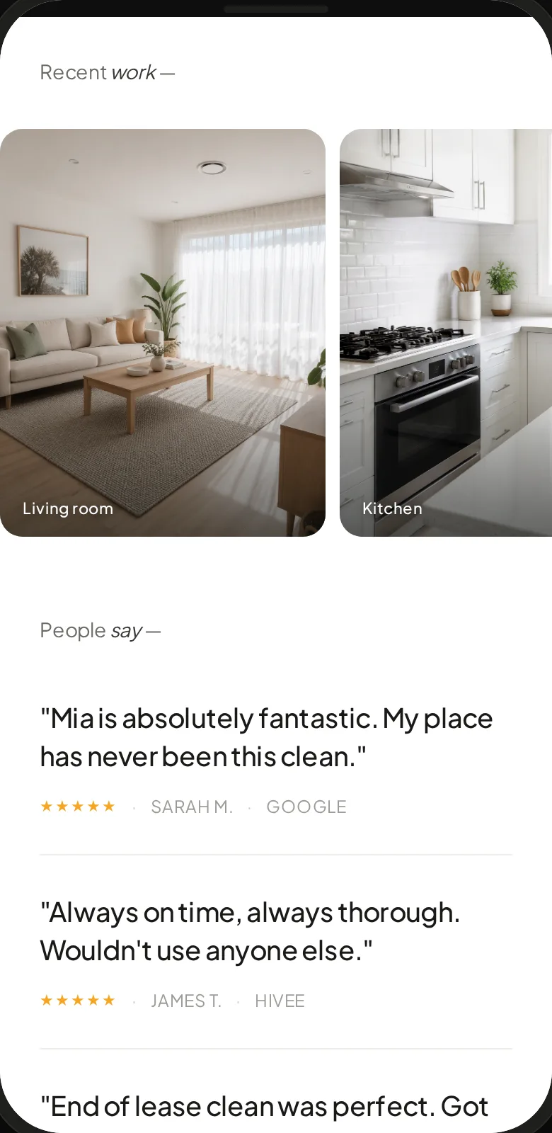 The business page showing recent work photos and customer reviews